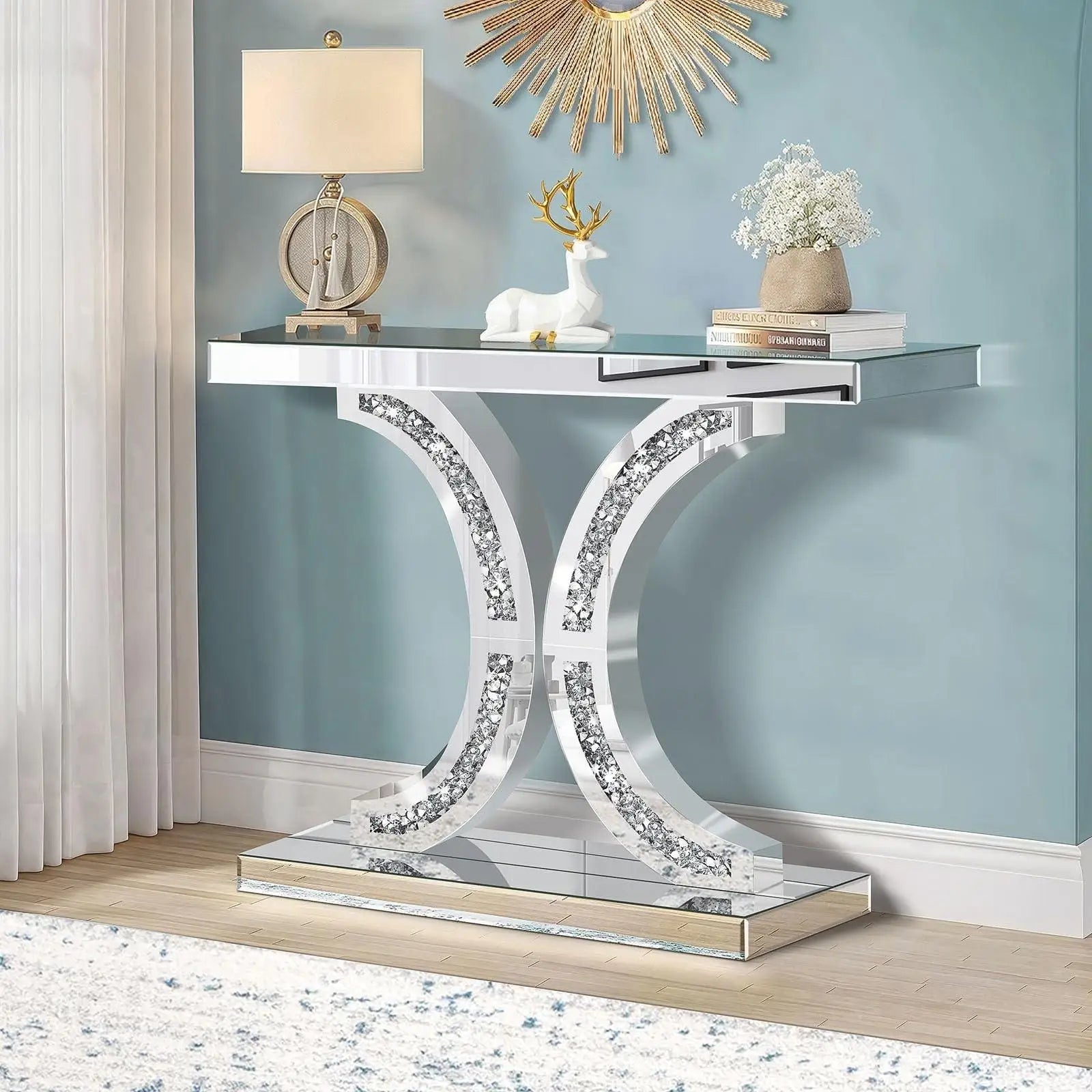 Silver Mirrored Console Table | Diamond-Crushed Glass | Hallway & Entryway | 100cm in stylish interior setting.