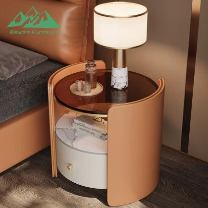 Smart nightstand with fingerprint safe featuring marble top, LED lamp, and modern design in stylish bedroom setting.