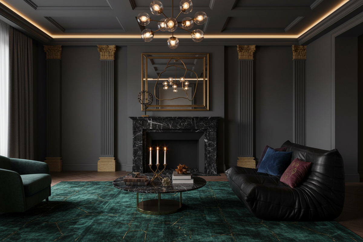 In a luxurious setting with plush green carpet a fireplace and green accent chair
