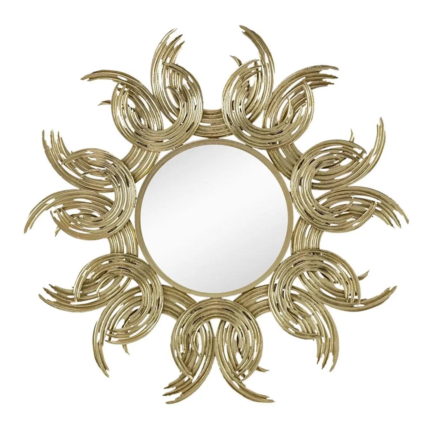 Decorative gold mirror with sunburst design on a white background