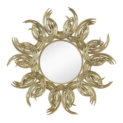 Decorative gold mirror with sunburst design on a white background