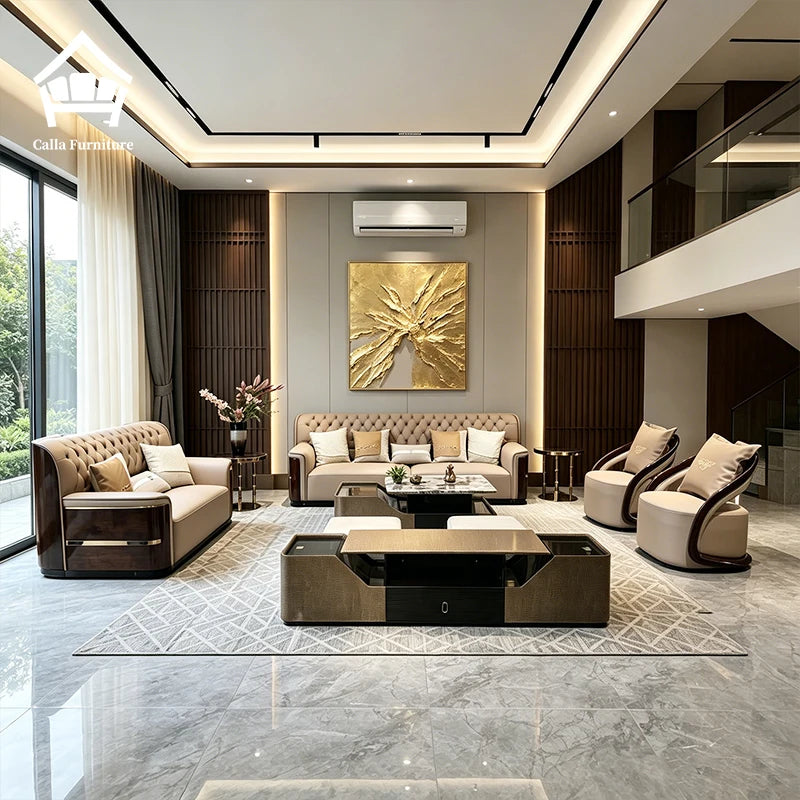 Italian leather tufted sofa set in a modern living room with stylish decor and a luxurious feel.