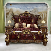 Luxurious bedroom with a red and gold bed, matching nightstands, and marble wall.