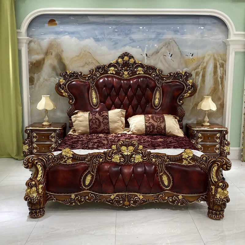 Handmade royal bed solid oak leather with gold accents and ornate design in luxurious master bedroom.