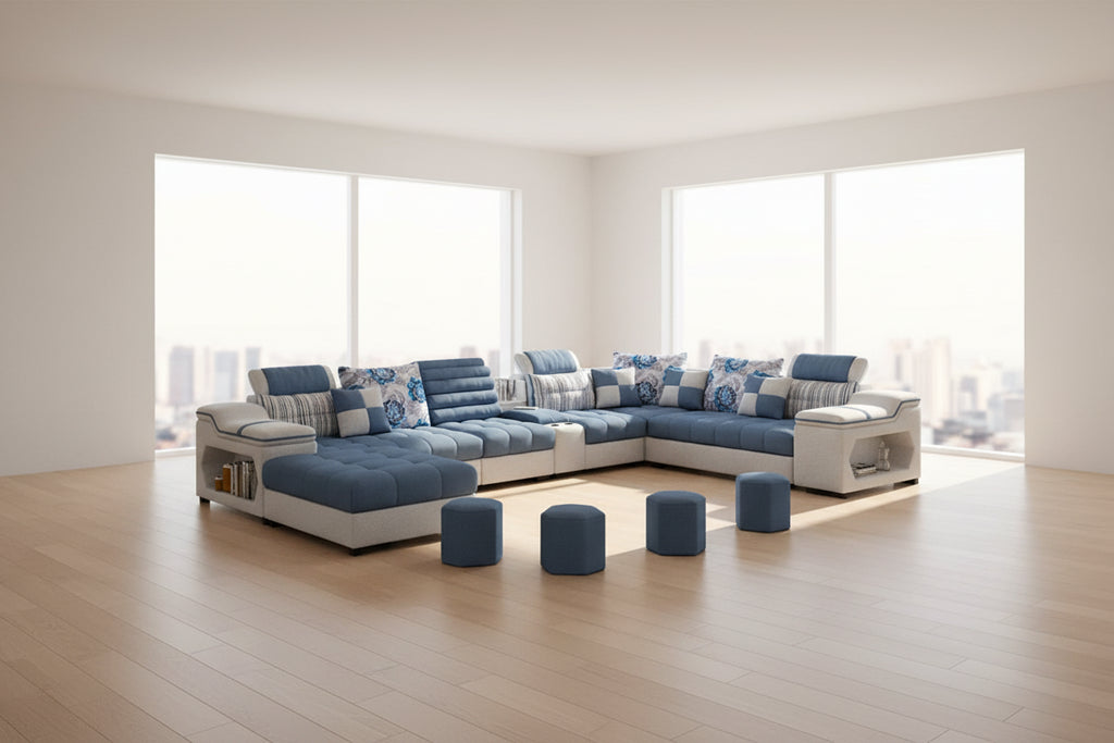 U-shaped 7-seater sectional sofa in a modern living room with blue and white cushions and round ottomans.