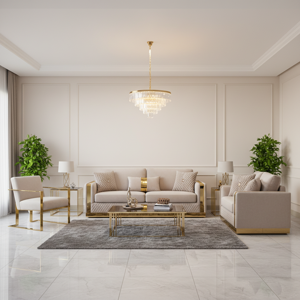 A luxury modern living room featuring a beige sofa with gold metal frame, a matching armchair, a glass-top coffee table with gold legs, a gray textured area rug, and a gold and crystal chandelier.