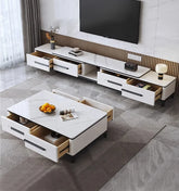 Modern living room with a white TV stand and coffee table.