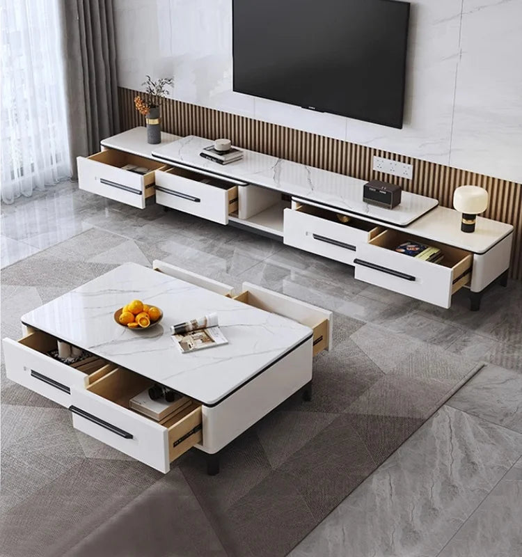 Nordic Minimalist Marble Top Coffee Table with solid wood frame in a modern living room setting.