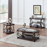 Wooden coffee table and side table set in a living room with decorative items.