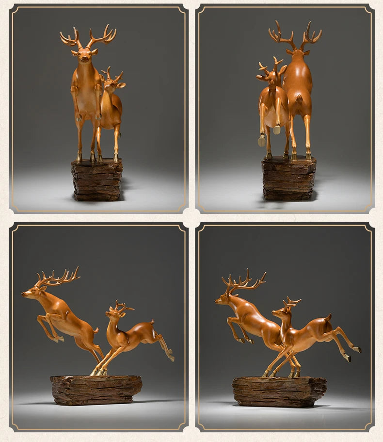 Hand-Engraved Brass Fu Lu Shou Deer Sculpture | Limited Edition Auspicious Art