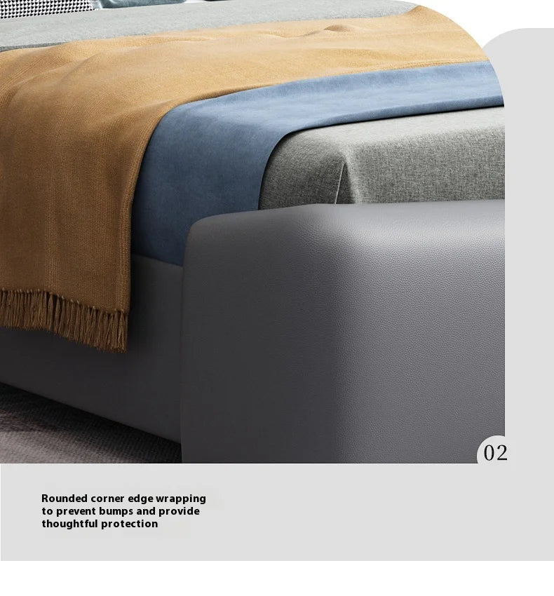 Gray upholstered bed brown and blue cushions, text indicating rounded corner edge wrapping