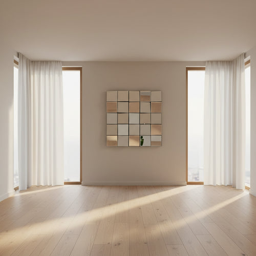 Square mirror with reflective tiles on a beige wall