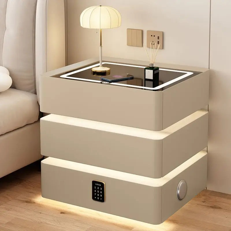 Smart nightstand with wireless charging, 3 drawers, LED lighting, and password lock, featuring a sleek glass top.