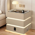 Smart nightstand with wireless charging, 3 drawers, LED lighting, and password lock, featuring a sleek glass top.