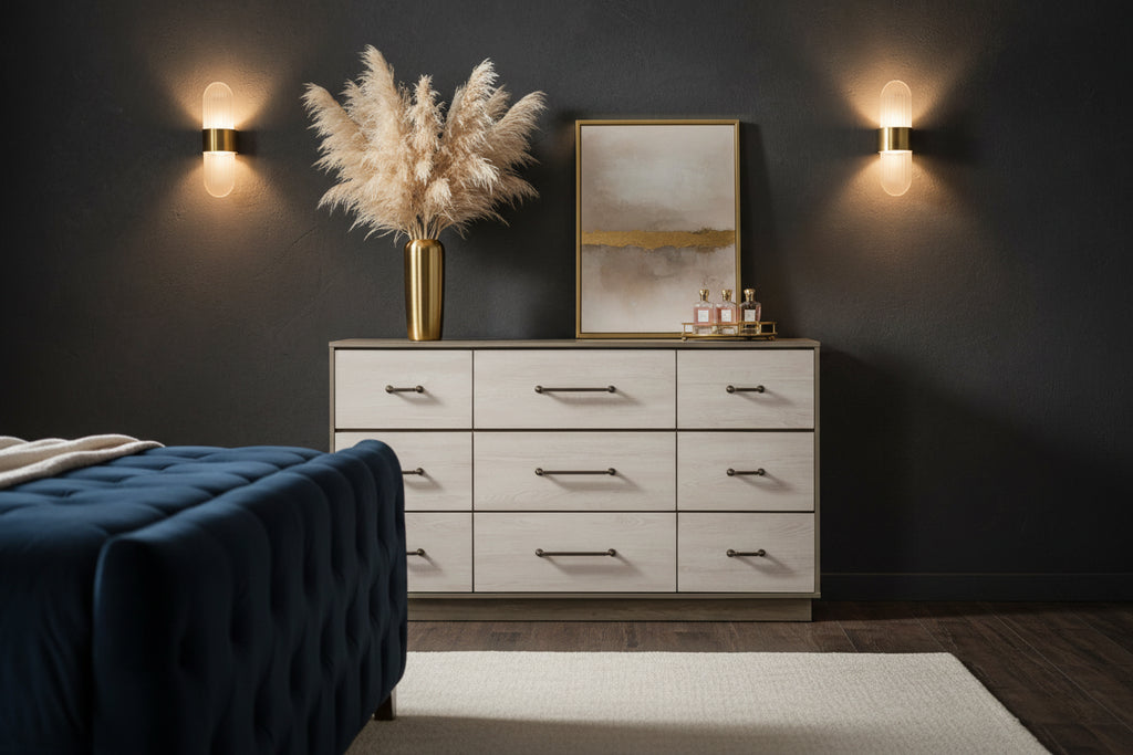 Modern bedroom set with platform bed featuring a stylish dresser and decorative elements in a contemporary setting.