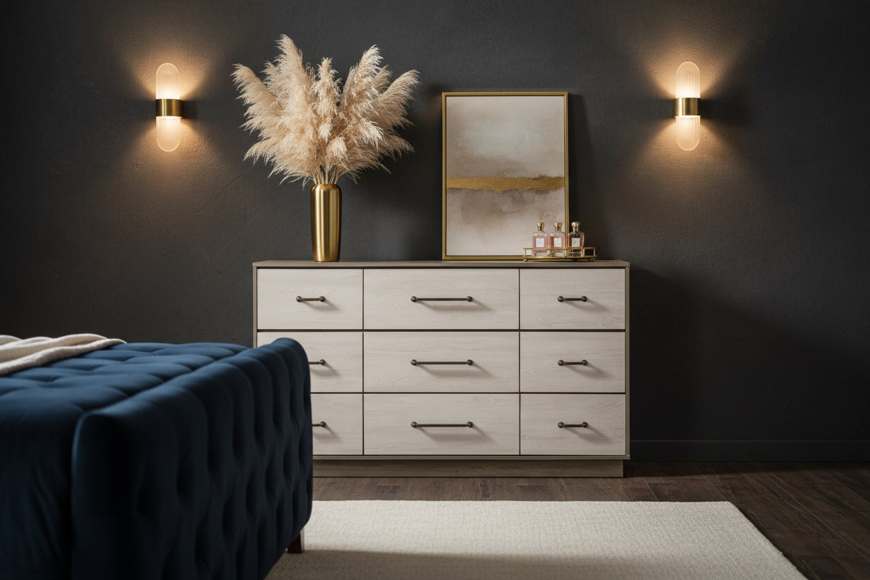 Modern bedroom set with platform bed featuring a stylish dresser and decorative elements in a contemporary setting.