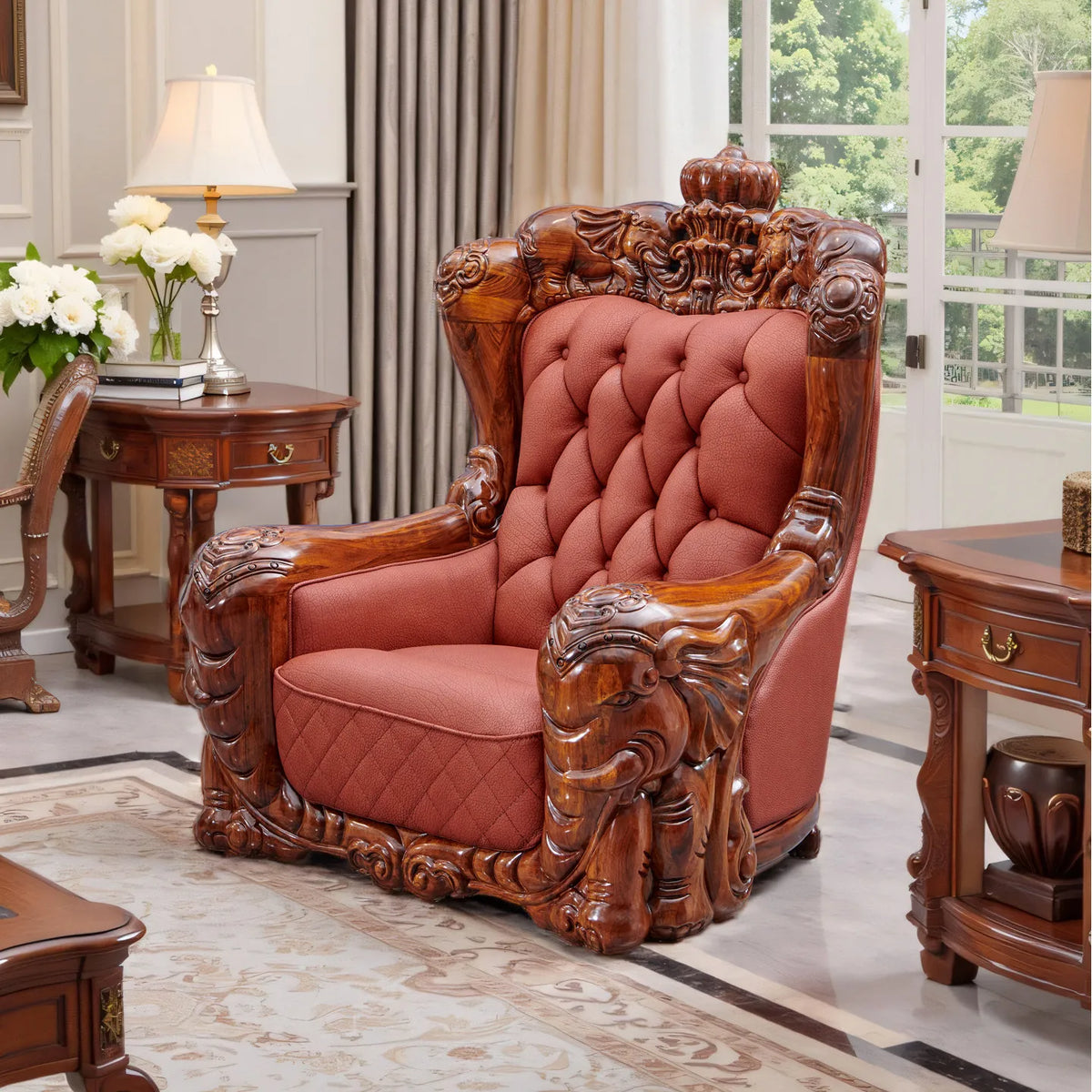 European black gold leather sofa set featuring an ornate hand-carved wood frame and plush upholstery in a stylish living room.