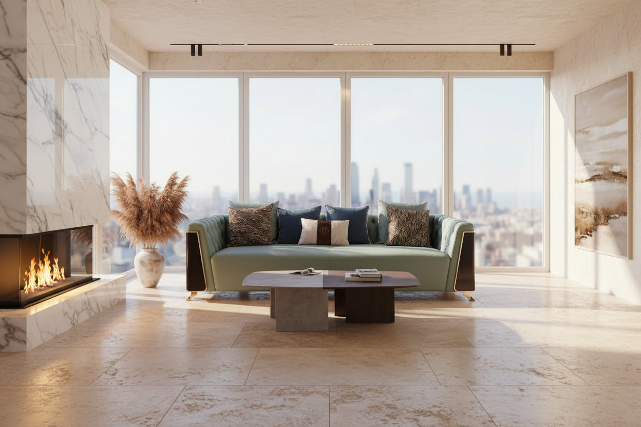 A modern tufted sofa in a muted sage green color with black side panels and gold-toned trim, styled with five decorative throw pillows against a skyline view with a decorative floor vase and a fireplace