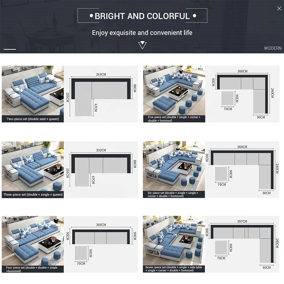 Furniture set with blue and white sofas and tables, featuring dimensions and layout diagrams.