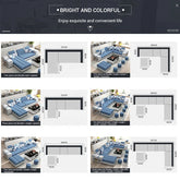 Furniture set with blue and white sofas and tables, featuring dimensions and layout diagrams.