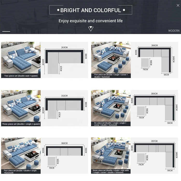 Furniture set with blue and white sofas and tables, featuring dimensions and layout diagrams.