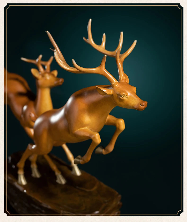 Hand-Engraved Brass Fu Lu Shou Deer Sculpture | Limited Edition Auspicious Art