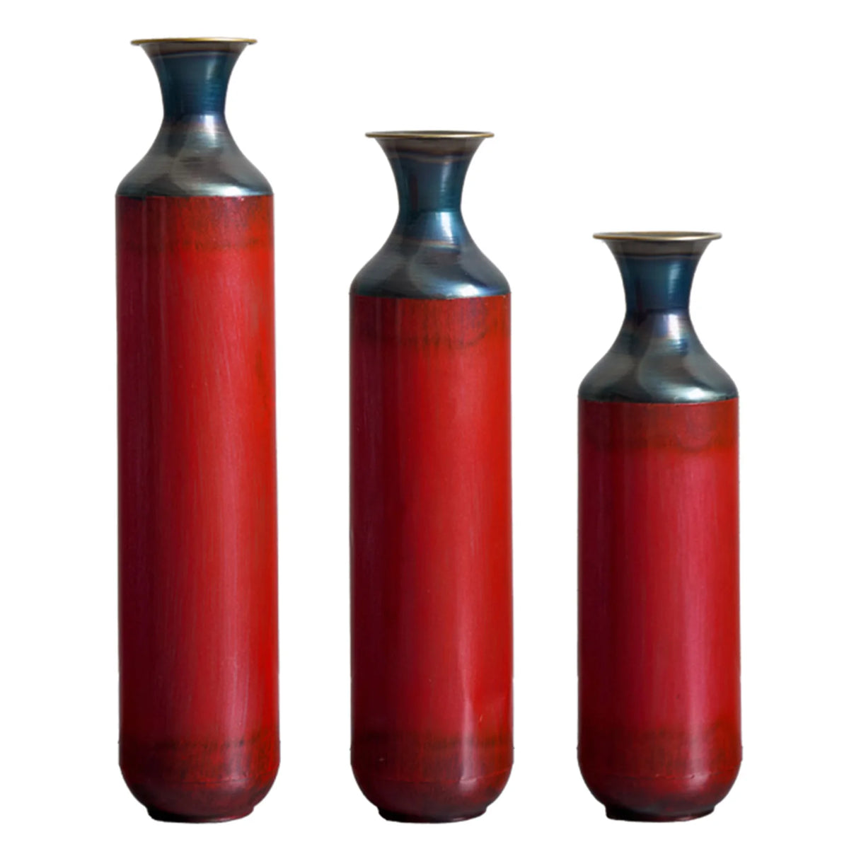 Set of 3 rustic fire-finished metal vases showcasing a blend of red and blue finishes, perfect for luxury decor.