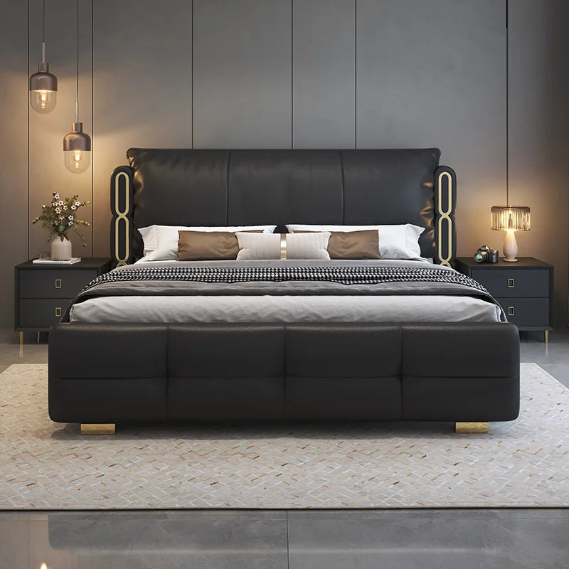 Italian Luxury Bed | Solid Wood, Genuine Leather & Three-Drawer Storage