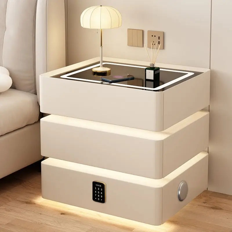 Smart nightstand with wireless charging, 3 drawers, LED light, sound system, and password lock.