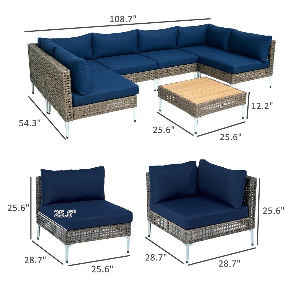 7-Piece Modular Outdoor Sectional Sofa Set | PE Rattan, Acacia Wood Table & Thick Cushions | Blue dimensions and configurations