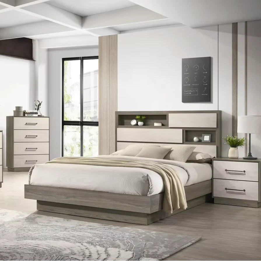 Modern bedroom set with platform bed featuring sleek design and spacious dresser in a contemporary setting.