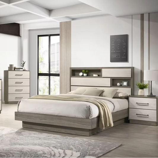 Modern bedroom with a bed, nightstands, and shelves.