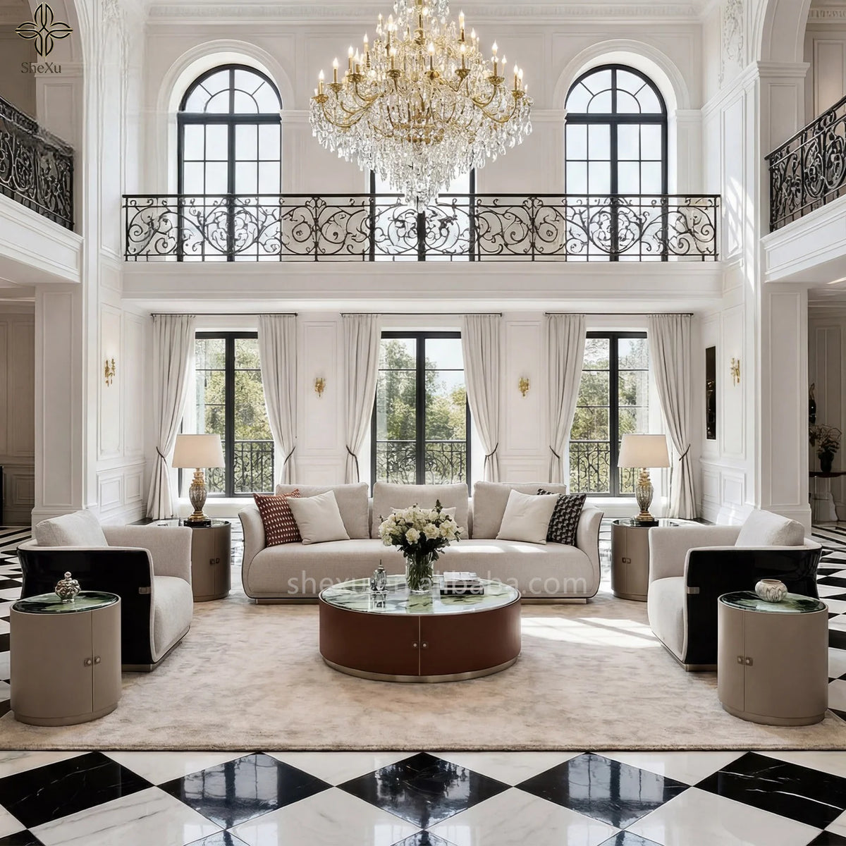 Luxurious fabric sofa set for villa in an elegant living room with chandelier and large windows.