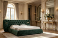 Premium dark green velvet tufted double bed with elegant curved headboard in a luxurious bedroom setting.