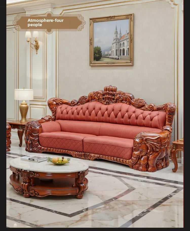 European black gold leather sofa set in elegant living room with floral carvings and pink upholstery.