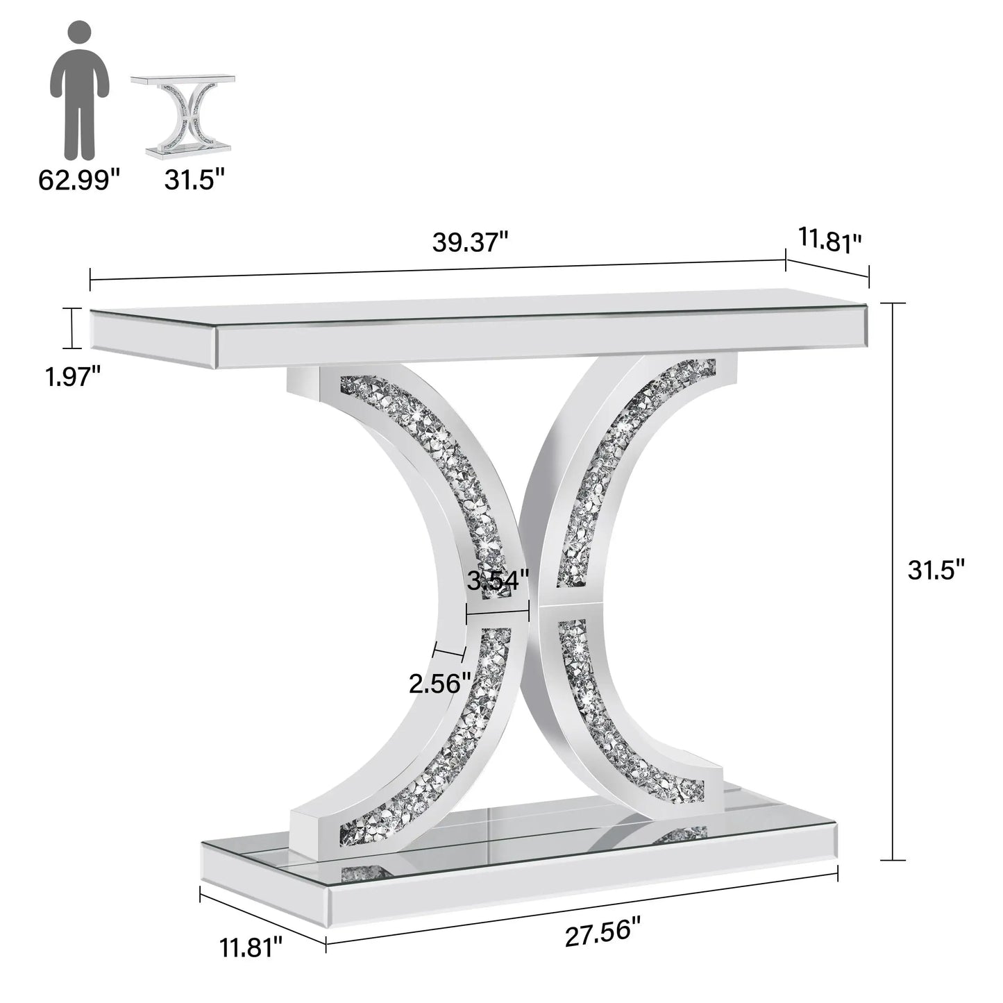 Silver Mirrored Console Table | Diamond-Crushed Glass | Hallway & Entryway | 100cm dimensions and design illustration.