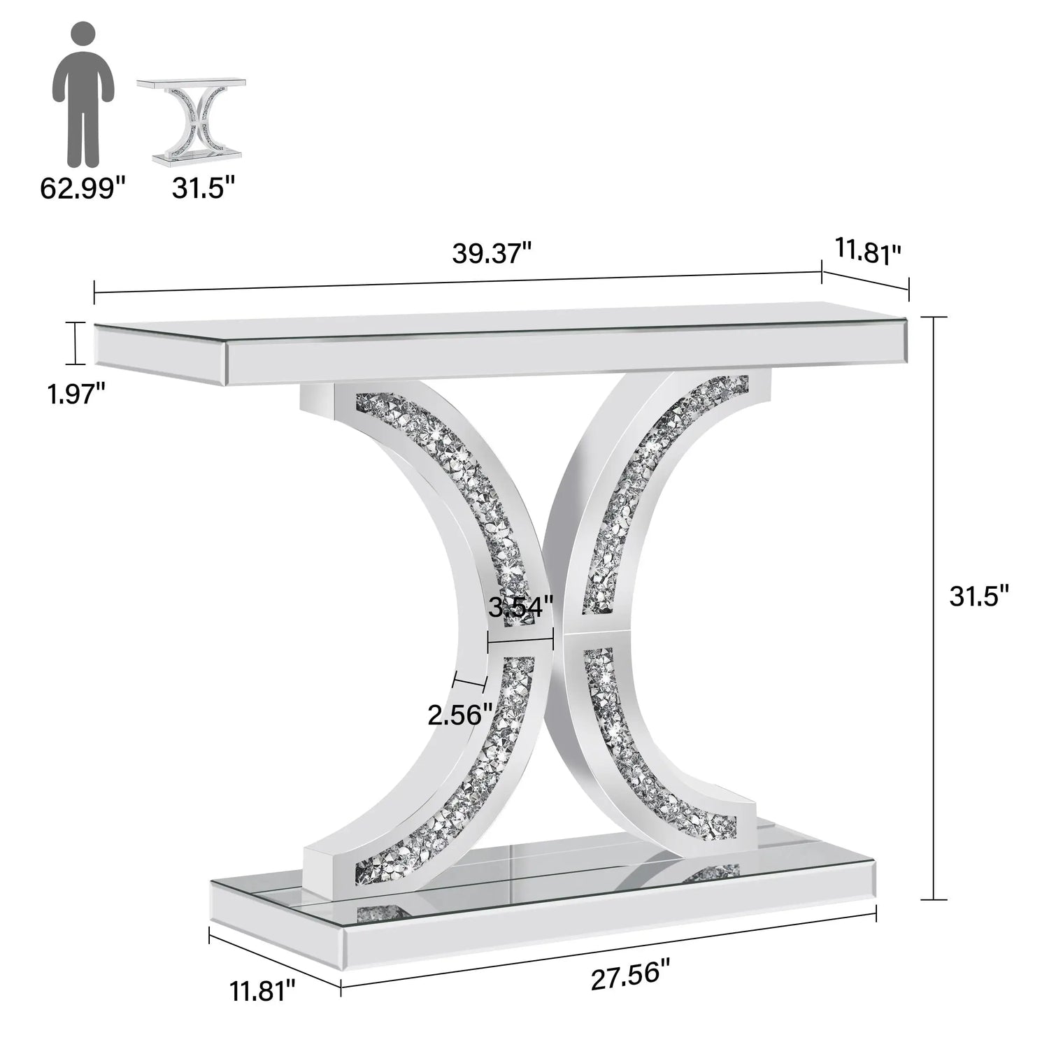 Dimensions of a decorative console table with crystal embellishments