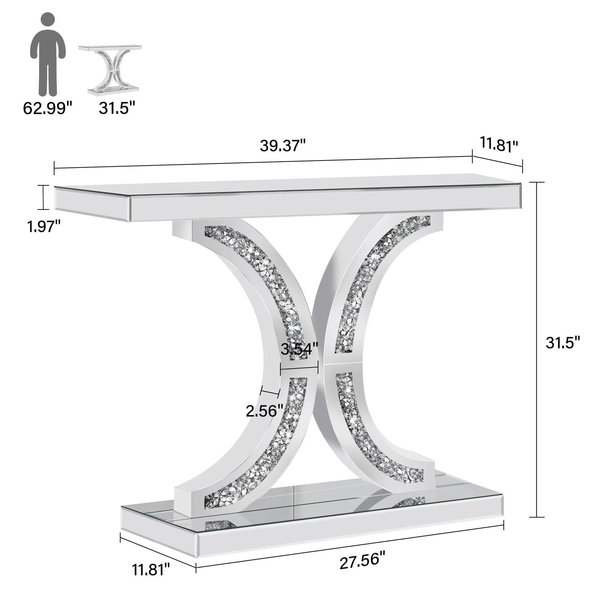 Silver Mirrored Console Table | Diamond-Crushed Glass | Hallway & Entryway | 100cm dimensions and design illustration.