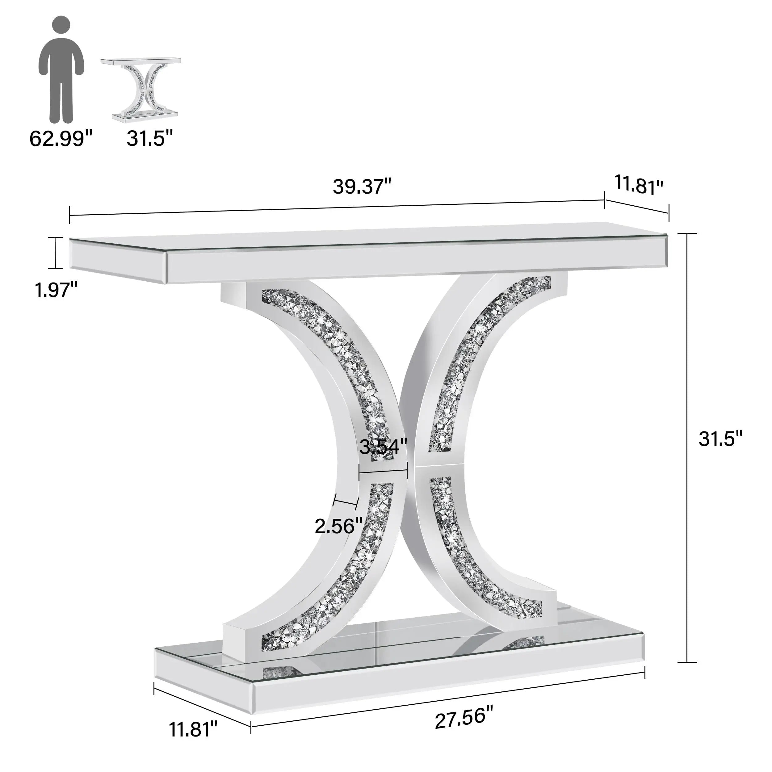 Silver Mirrored Console Table | Diamond-Crushed Glass | Hallway & Entryway | 100cm dimensions and design illustration.
