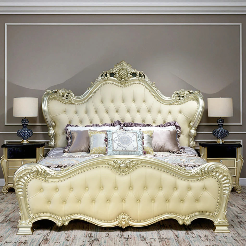 European style solid wood bed with ornate gold accents and plush upholstery in a luxurious master bedroom setting.