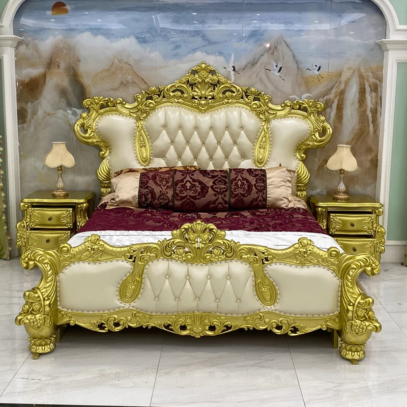 Handmade royal bed solid oak leather with ornate gold finish and luxurious upholstery in master bedroom.
