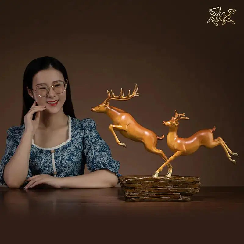 Hand-Engraved Brass Fu Lu Shou Deer Sculpture | Limited Edition Auspicious Art