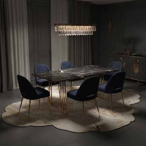 A cloud-shaped area rug with a marbled pattern in cream, beige, and light gold, shown in a modern dining room setting 