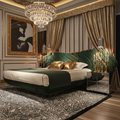 Sage velvet storage bed in luxurious bedroom with elegant decor and ambient lighting.