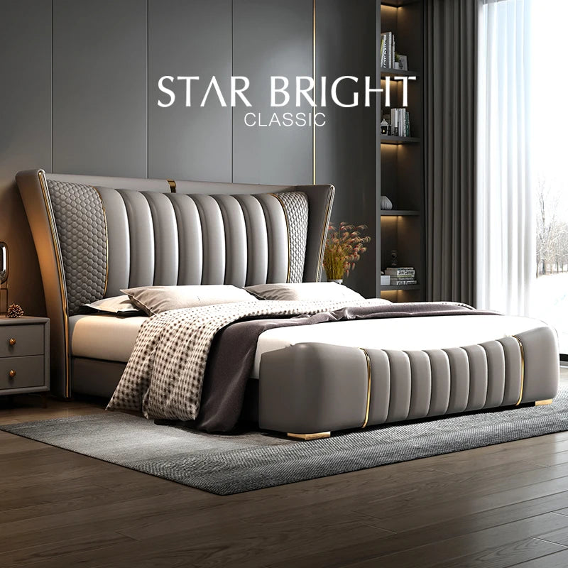Luxury leather upholstered bed frame in modern design featuring plush headboard and elegant details.