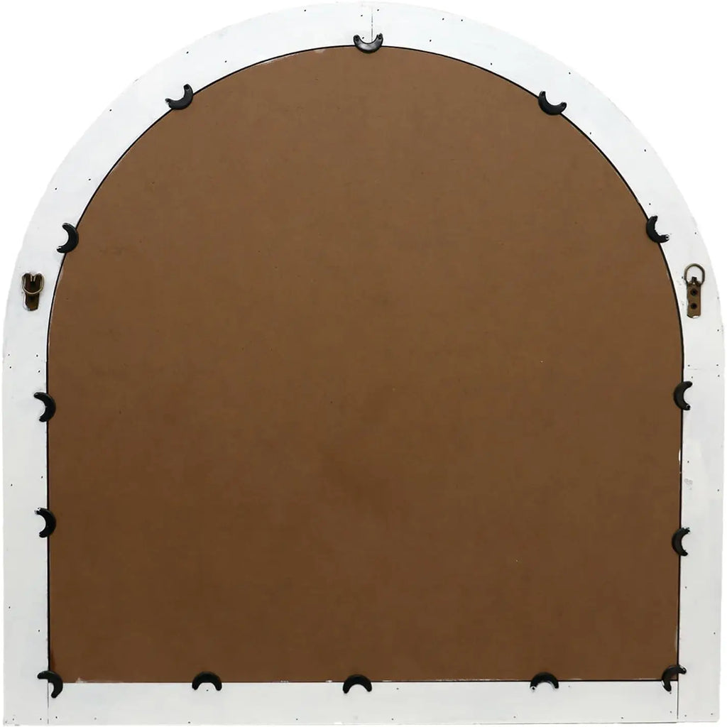 Brown arch-shaped backdrop with white frame and black hooks on a white background