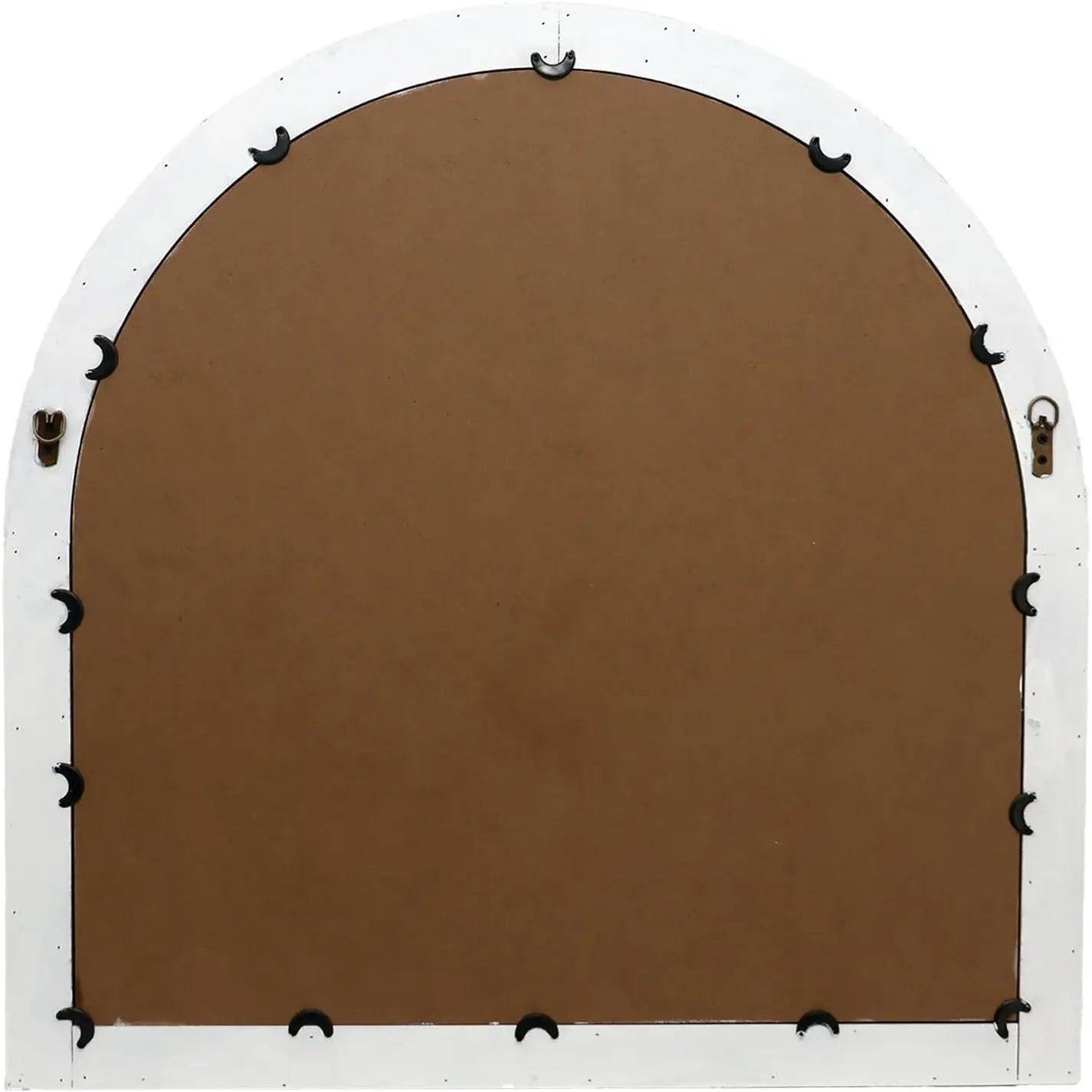 Brown arch-shaped backdrop with white frame and black hooks on a white background