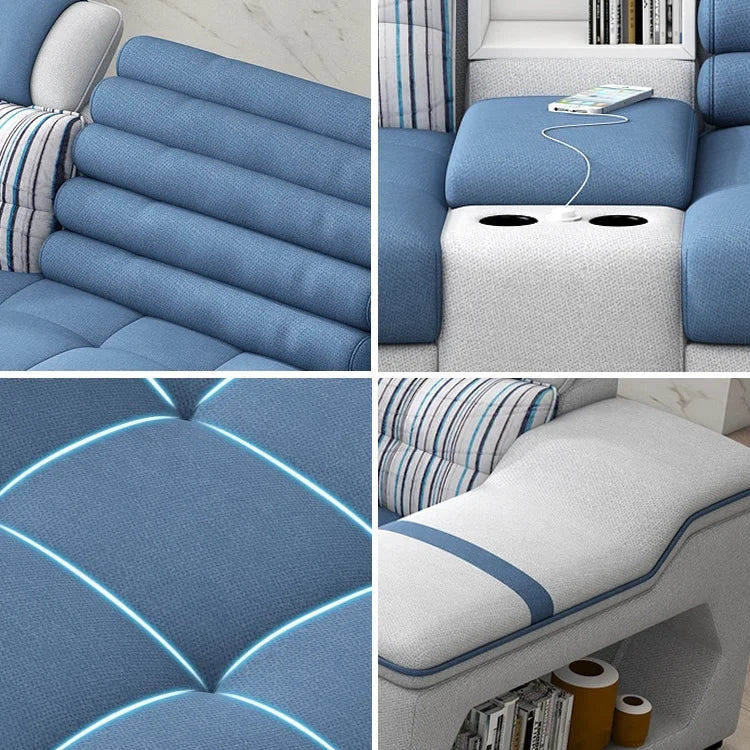 U-Shaped 7-Seater Sectional Sofa with comfortable blue fabric and convenient storage features.