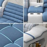 Collage of a blue and gray sectional sofa with close-up details.