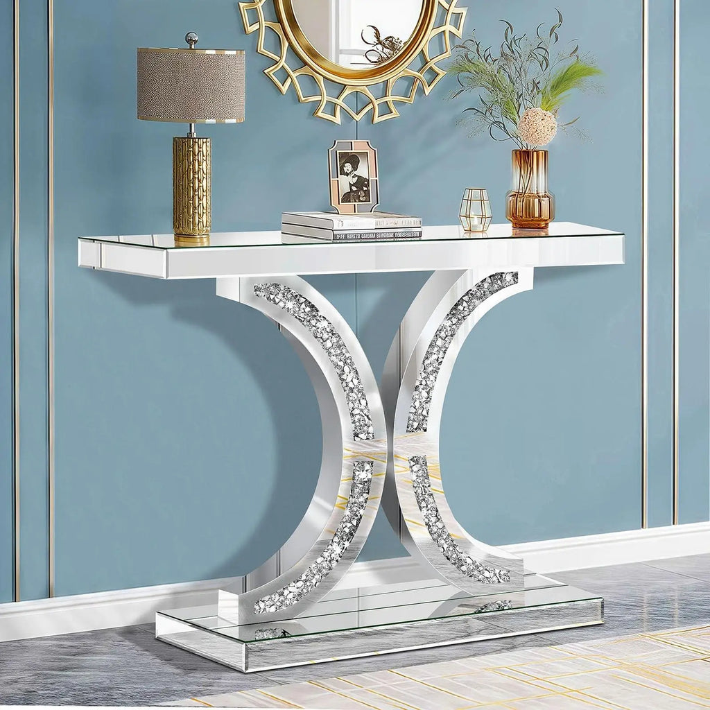 Silver Mirrored Console Table | Diamond-Crushed Glass | Hallway & Entryway | 100cm with stylish decor and mirror